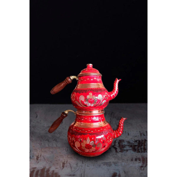 Traditional Erzincan Embroidered Red Copper Teapot Medium Size