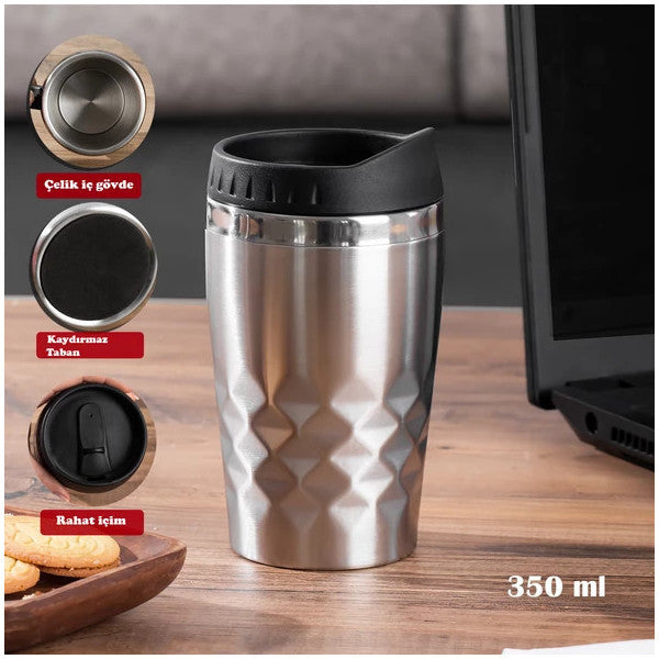 Porsima 05554 Stainless Steel Mug Leakproof Steel Thermos Car Thermos Hand Thermos Insulated Cup 350Ml - Silver