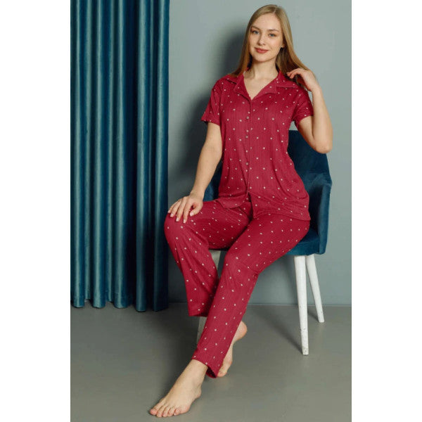 Polka Dot Short Sleeve Women's Pajama Set Burgundy