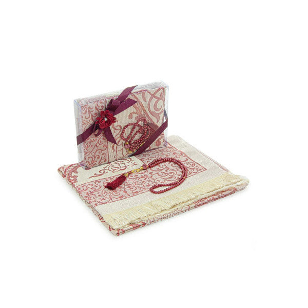 Red Dowry Prayer Rug Set With Pearl Prayer Beads And Gift Box Suitable For The Bride And Groom's Package