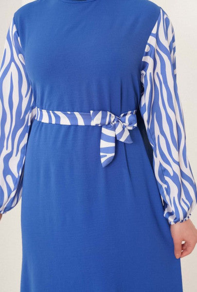 Belted Zebra Pattern Sax Blue Dress