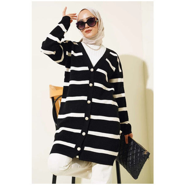 Striped Ribbed Casual Knitwear Cardigan Black