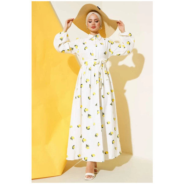 Lemon Patterned Belted Dress Ecru