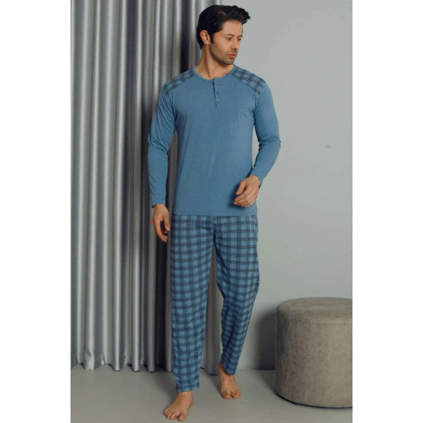 Half Buttoned Plaid Long Sleeve Men's Pajama Set Blue