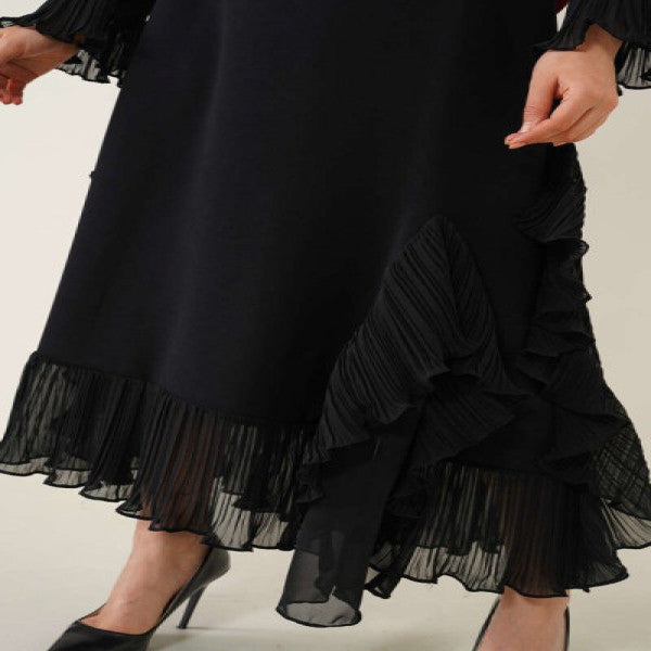Pleated Tulle Detailed Dress Black