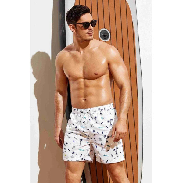 Angelsin Men's Basic Standard Size Palm Printed Swimsuit With Pocket Swim Shorts White