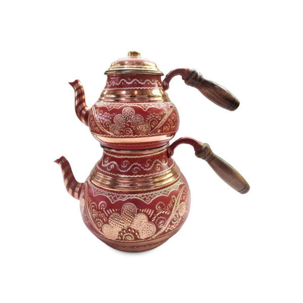 Traditional Erzincan Embroidered Red Copper Teapot Large Size