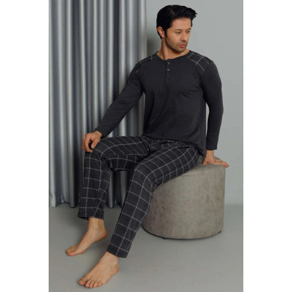 Plaid Long Sleeve Men's Pajama Set Anthracite