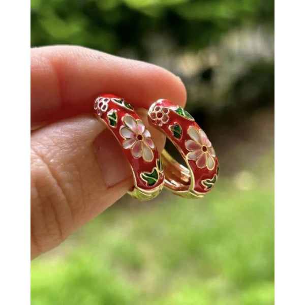 Bym232 Vintage Floral Patterned Enamel Red Hoop Model Women's Steel Earrings