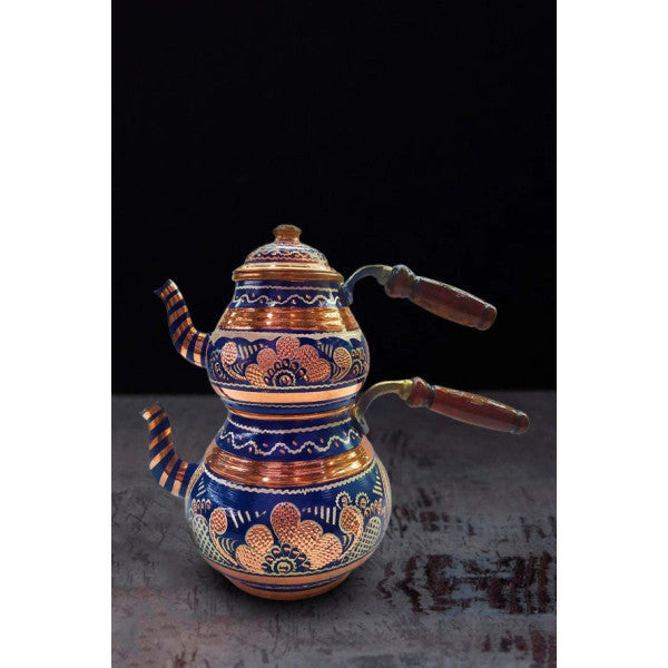 Traditional Erzincan Embroidered Blue Copper Teapot Large Size