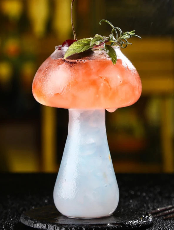 (4 Pieces) Heat Resistant Borosilicate Mushroom Style Glass | Mushroom Shaped Decorative Presentation Soft Drink Drinking Glass