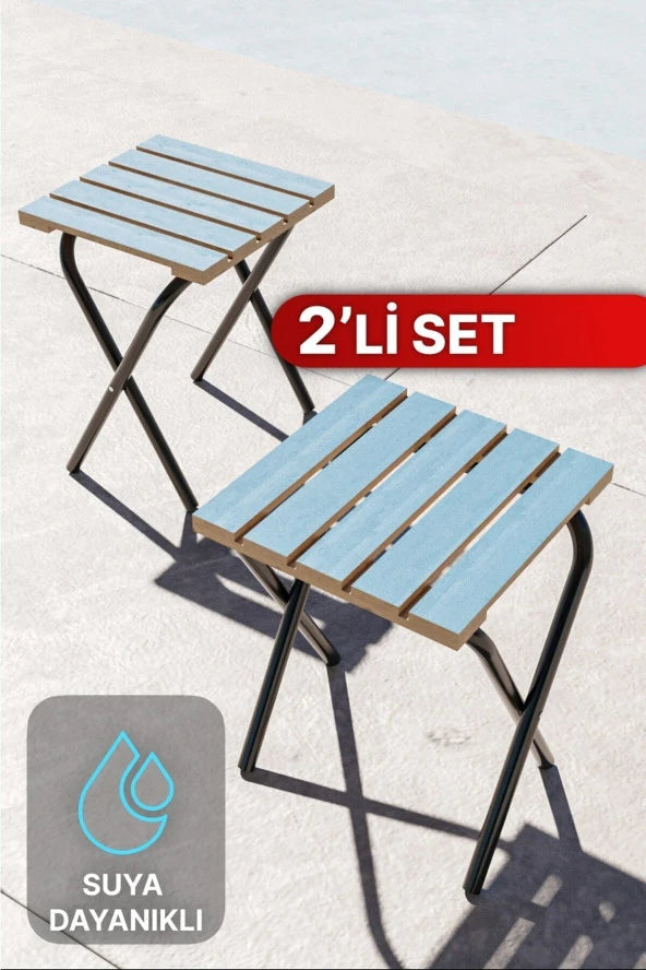 Bino kamp ve bahçe taburesi sandalye 2 suya dayanıklı şık ahşap tasarım mavi kamp taburesi seti