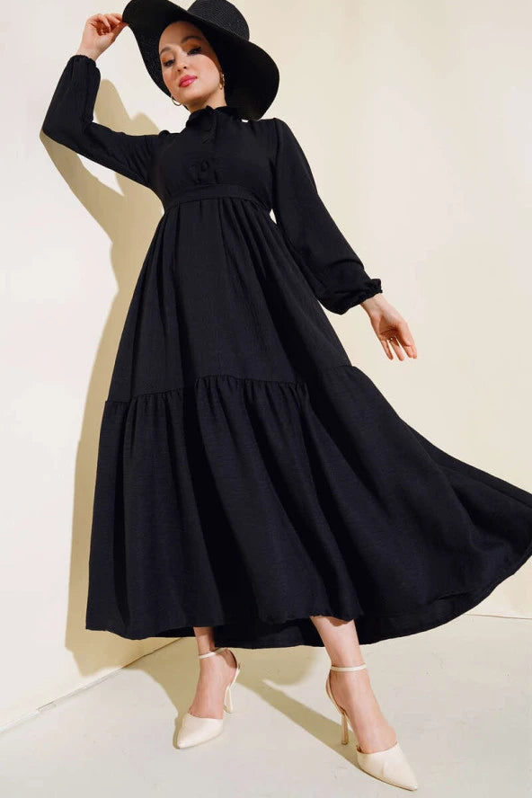 Plaid Linen Dress Black