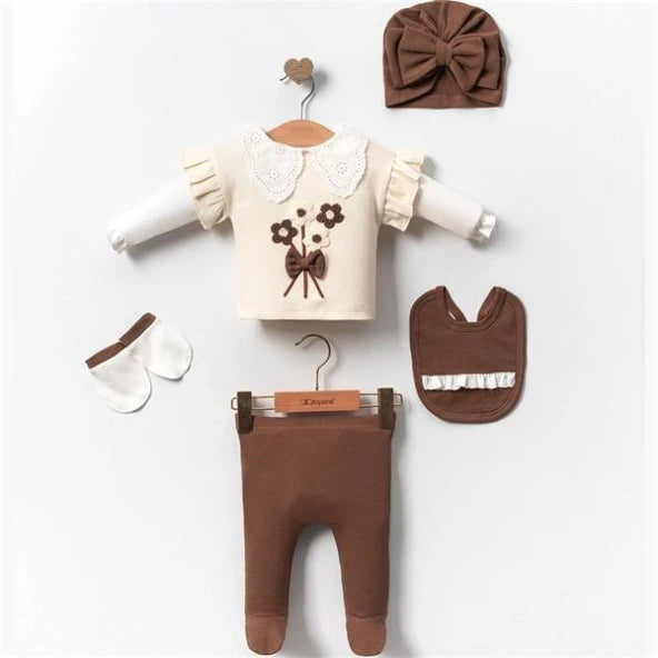 Kinder Baby Mini Cayzen Baby Girl Lace Collar Cotton 5-Piece Hospital Discharge Set Brown 2065