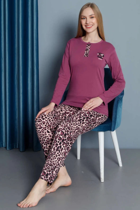 Leopard Pattern Long Sleeve Pajama Set Magenta