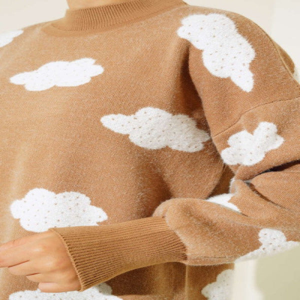 Cloud Patterned Bearded Knitwear Double Set Latte