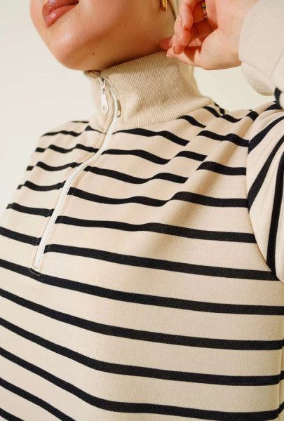 High Collar Striped Tunic Black