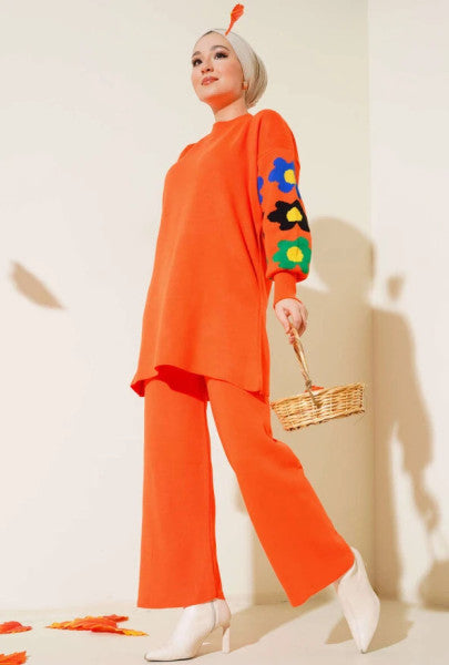 Floral Patterned Knitwear Set on Sleeves, Orange