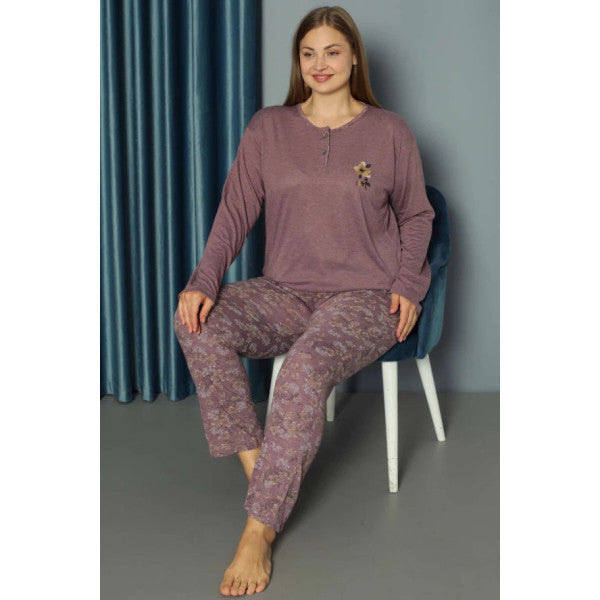 Floral Embroidered Plus Size Pajama Set Purple