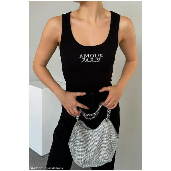 Black-Silver Amour Paris Glittery Embroidered Tank Top