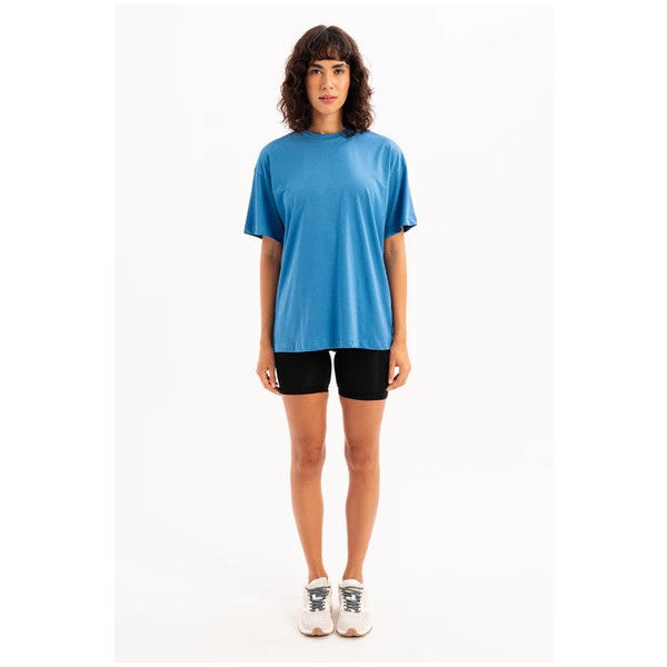 Justever 100% Cotton Oversize Fit Crew Neck Blue Women's T-Shirt - Halo