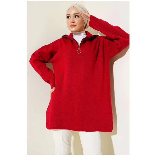 Half Zipper Collar Knitwear Tunic Red