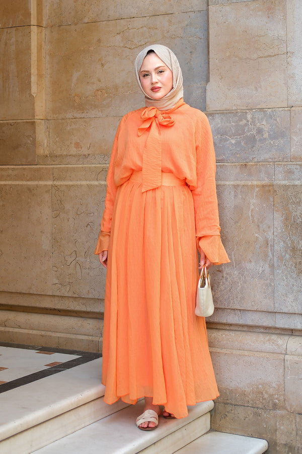 Tulle-Detail Tie-Front Two-Piece Set – Orange