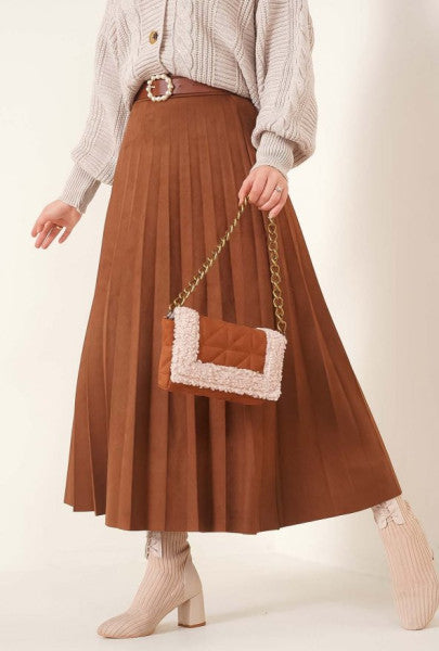 Pleated Suede Skirt Brown