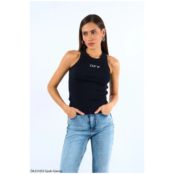 Black-Silver Halter Neck Off Glitter Embroidered Undershirt