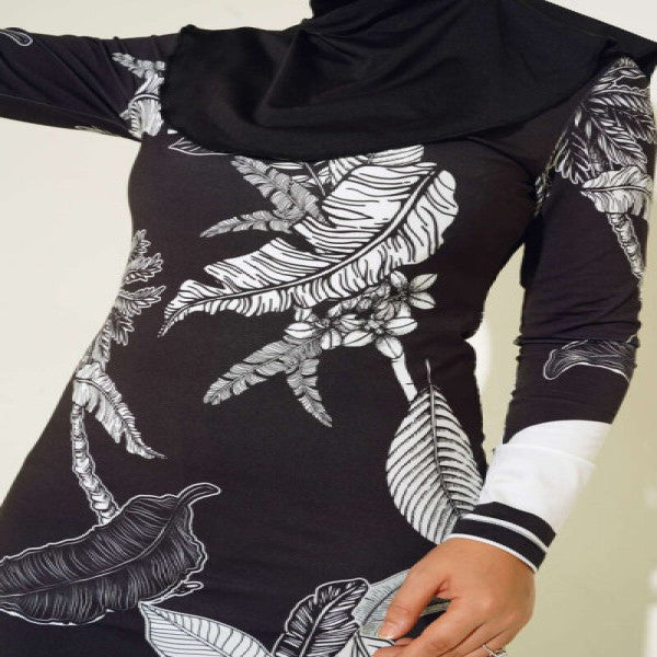Crest Detailed Leaf Pattern Hijab Swimsuit Black
