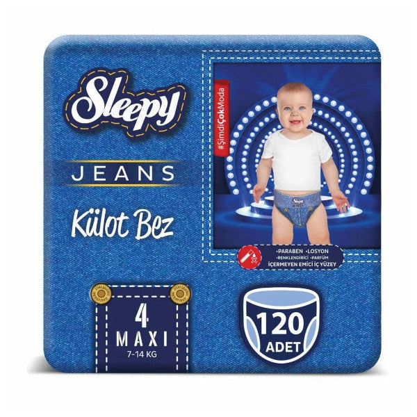Sleepy Jeans Panties Diaper Size 4 Maxi 4-Piece Jumbo 120 Pieces (7-14 Kg)