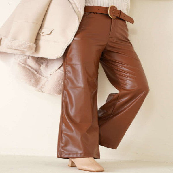 Geniş bacak deri pantolon bronzluk