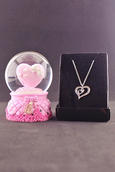 Pink Heart Snow Globe Illuminated 9 Cm and Zircon Stone Necklace Set for Valentine