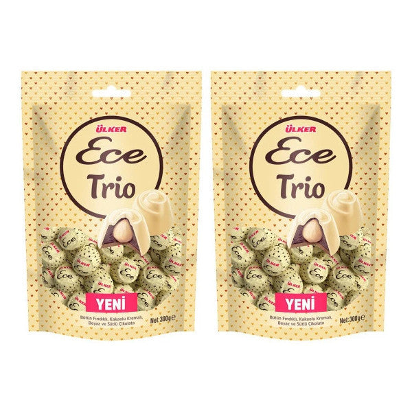 Ulker Ece Trio Whole Hazelnut White And Milk Chocolate 300 Gr 2 Pieces