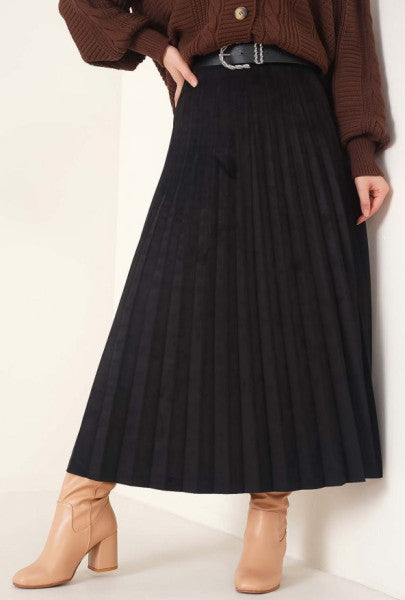 Pleated Suede Skirt Black