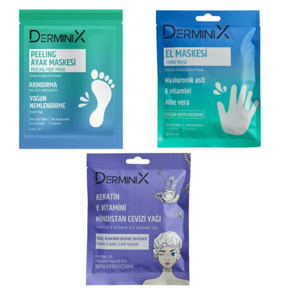 Derminix Mask Set Coconut Hair Mask, Moisturizing Hand Mask, Peeling Foot Mask