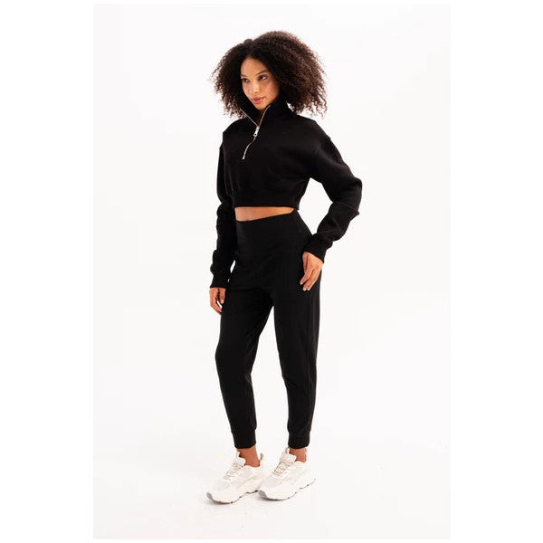 Justever High Waist Elastic Pocket Relaxed Cut Slimming Jogger Black Women's Sweatpants - Beat