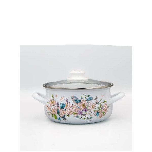 Bonera 22Cm Bird Patterned Single Glass Lid Enamel Casserole Pot