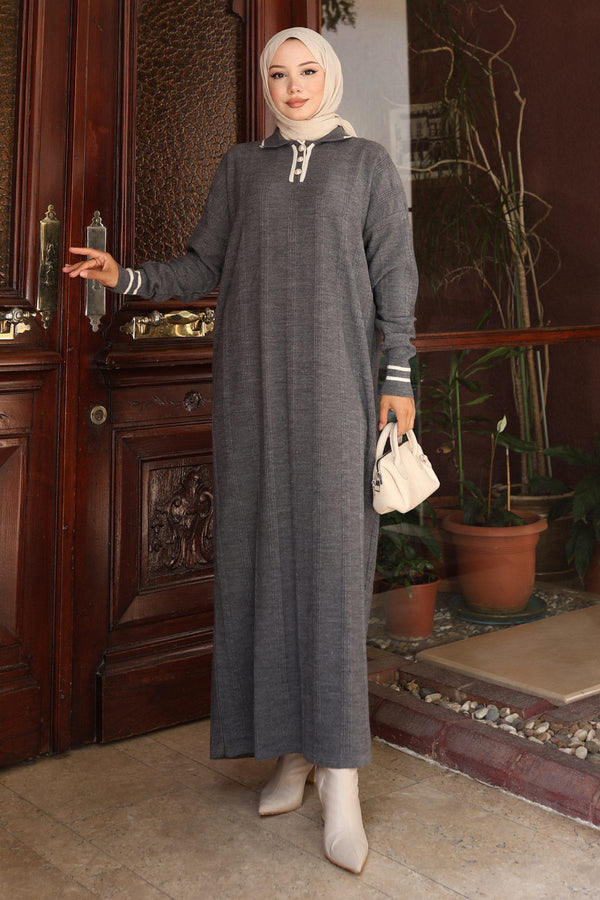 Button Detailed Knit Dress Gray 6153