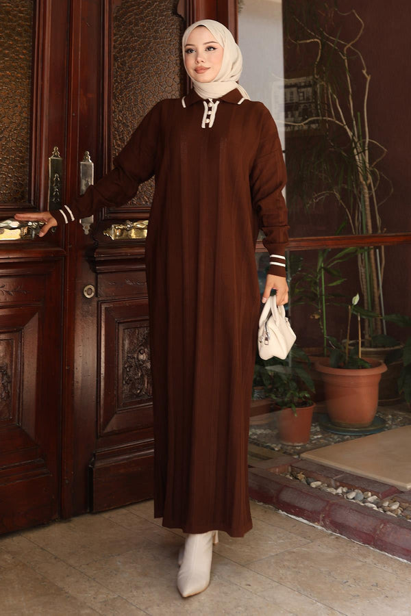 Button Detailed Knit Dress Brown 6153