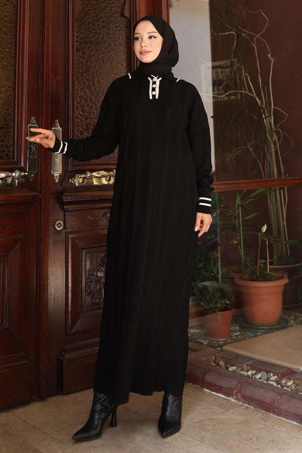 Button Detailed Knit Dress Black 6153