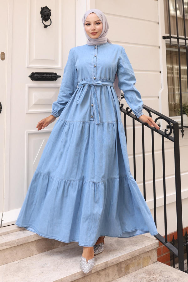 Buttoned Layered Denim Dress Light Blue 19263