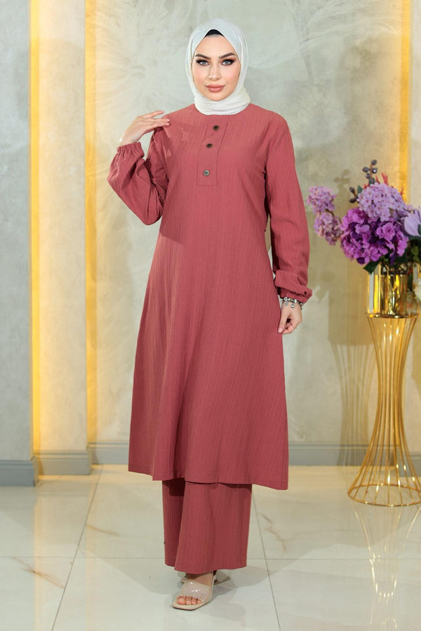 Buttoned Hijab Suit Dusty Rose Msw10358-2