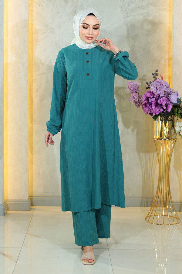 Buttoned Hijab Suit Turquoise Msw10358-7