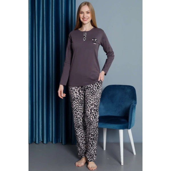 Leopard Print Long Sleeve Pajama Set Smoke-Colored