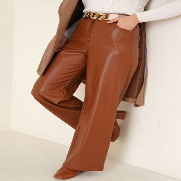 Geniş bacak deri pantolon kahverengi