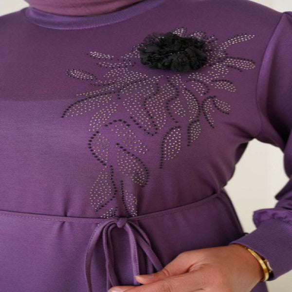 Lace Brooch Detailed Plus Size Dress Purple