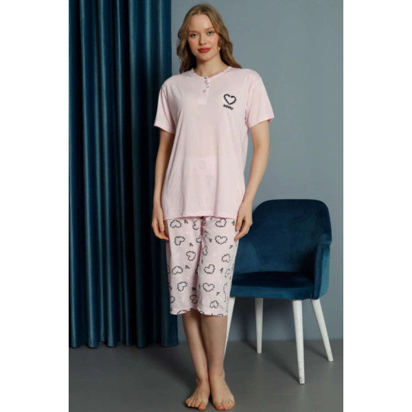 Heart Embroidered Capri Pajama Set Pink