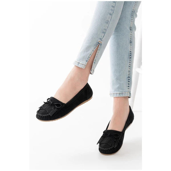 Ps-100 Black Suede Tasseled Daily Women's Ballerinas