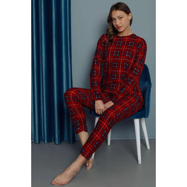 Plaid Long Sleeve Women's Pajama Set Red